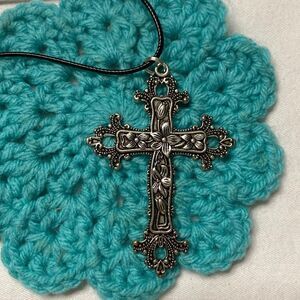 Cross Pendant, Crucifix, Christian, Scroll, Silver, Black Cord Necklace, Unisex‎
